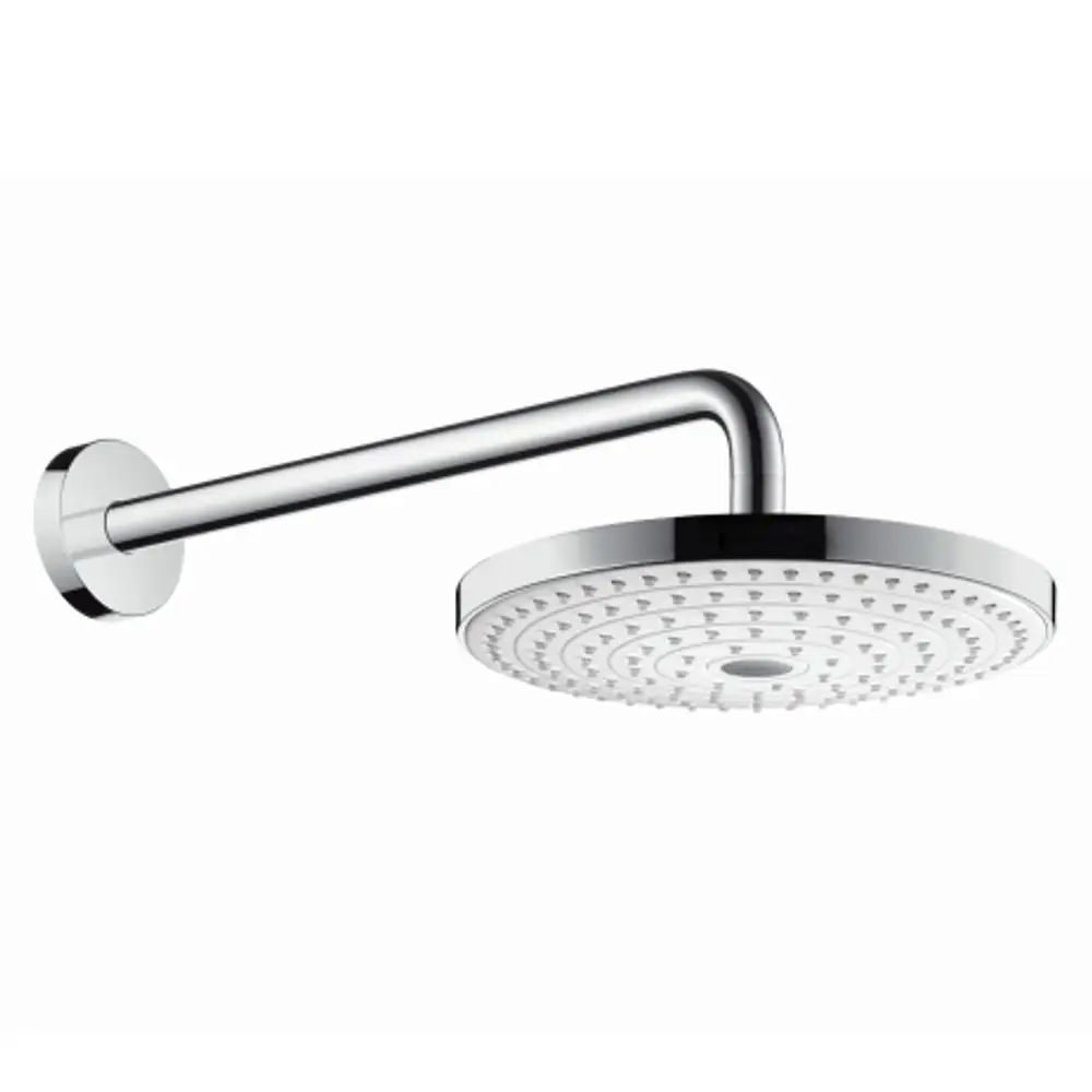 Kopfbrause mit runder, flacher Form und Wandmontage, in Weiß und Chrom von Hansgrohe. Die Brause hat mehrere Düsen für einen gleichmäßigen Wasserfluss.